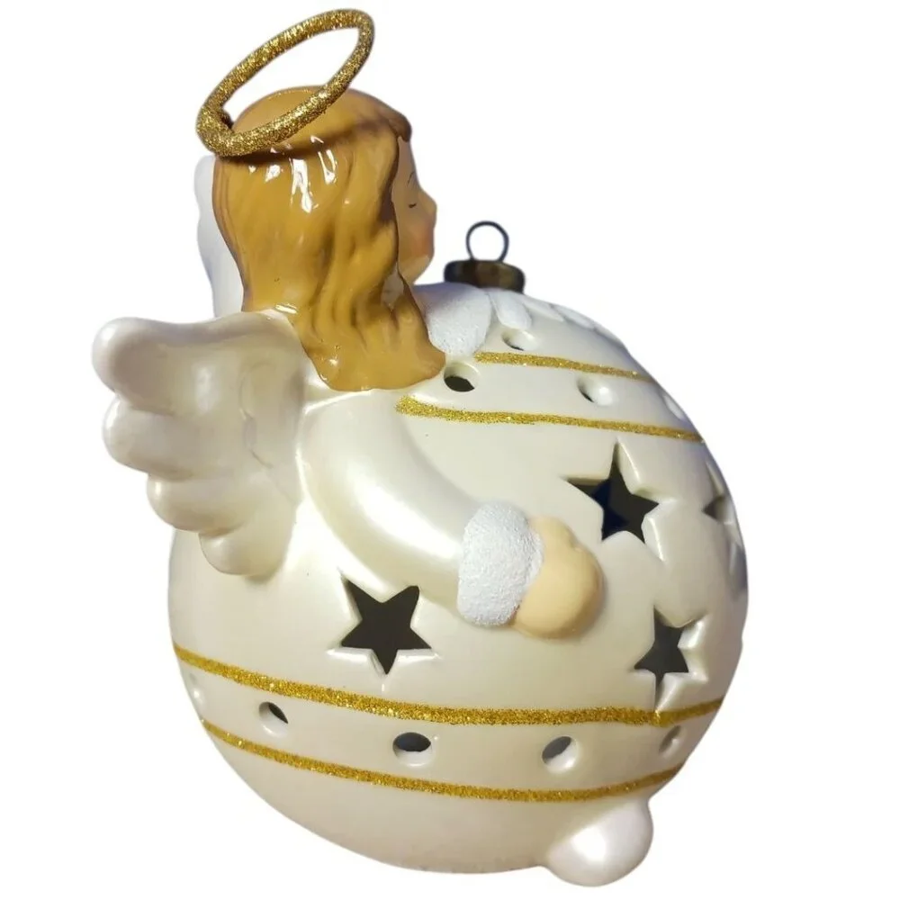 QVC Ceramic Angel Flameless Candle Luminaries Ornament Gold Glitter cream